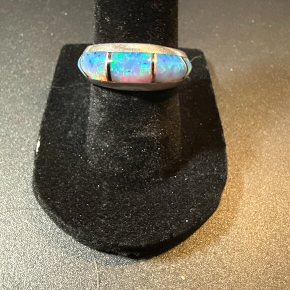 Navajo Rick Tolino Sterling Silver Fire Opal Onyx Band Ring Size 5 - Picture 1 of 4